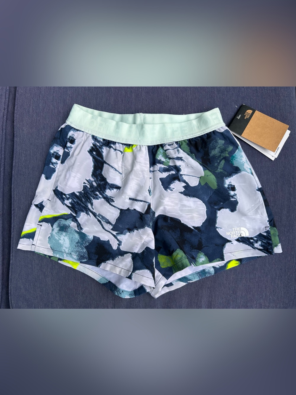 The North Face Women's Navy, White & Lime Abstract Athletic Shorts